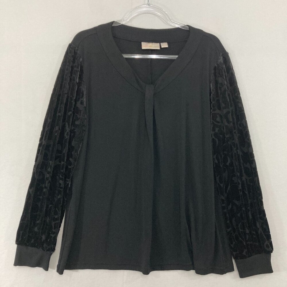 Belle Kim Gravel Top size Large Black Stretch Knit Velvet Burnt-out‎ Sleeve